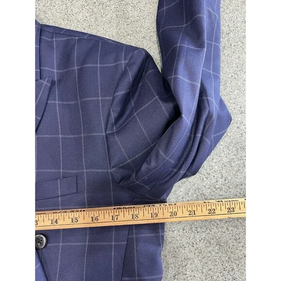 French Crown Men's 42 Blue Windowpane Pattern Wool Rich Double Breasted Suit NEW